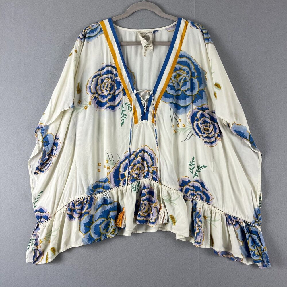 Floral Poncho Cover Up Tunic Top‎ Womens Small Z&L Tassel Oversized Boho Swim